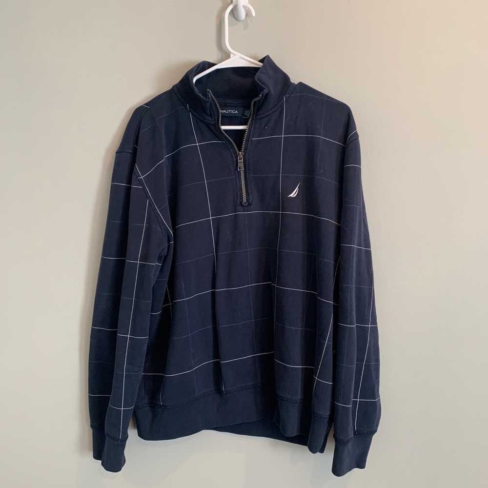 Nautica Blue Plaid Striped Quarter Zip Sweatshirt